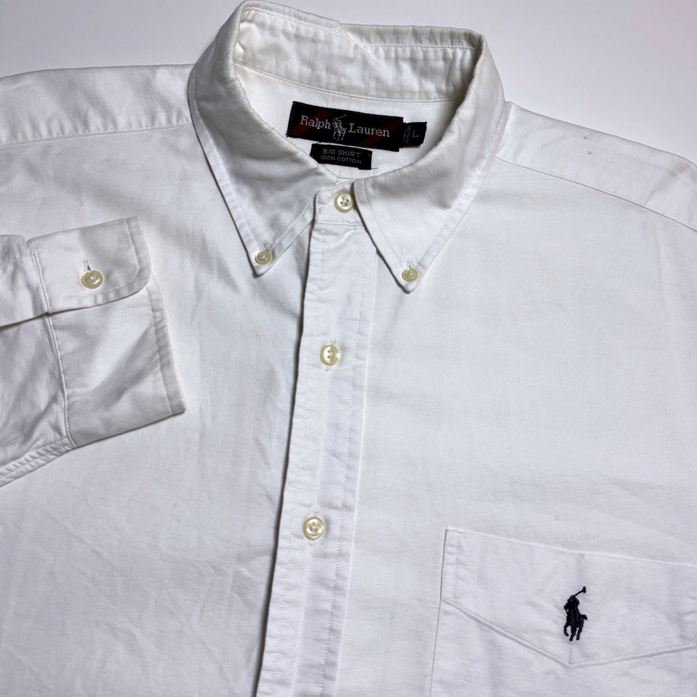 Ralph Lauren Vintage 90s White Oxford Big Mens L Button Down Long Sleeve Shirt